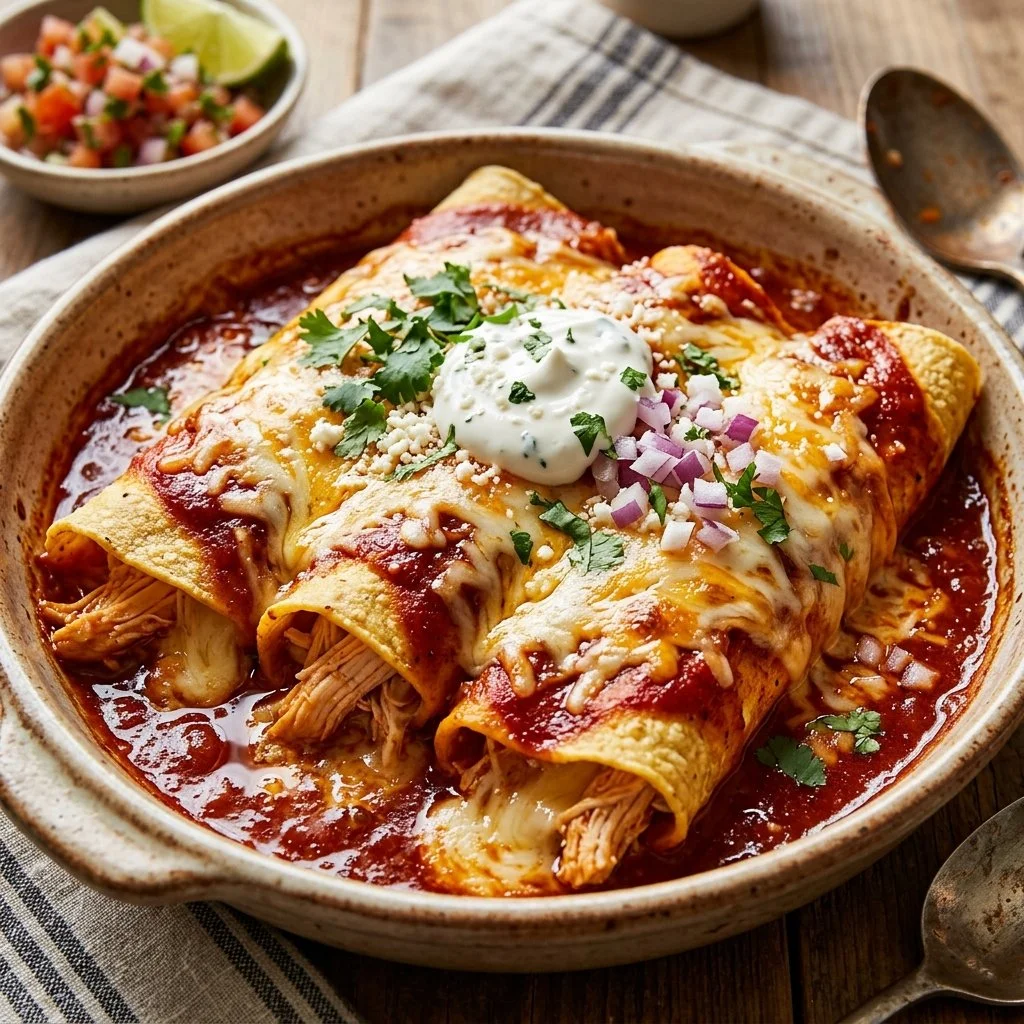 Delicious chicken enchiladas topped with cheese and vibrant sauce