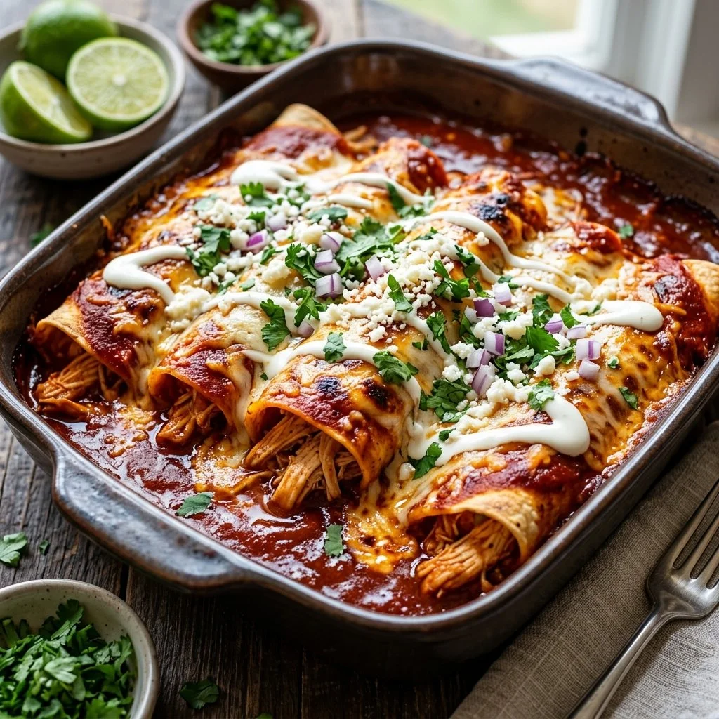 Savory chicken enchiladas topped with cheese and fresh herbs