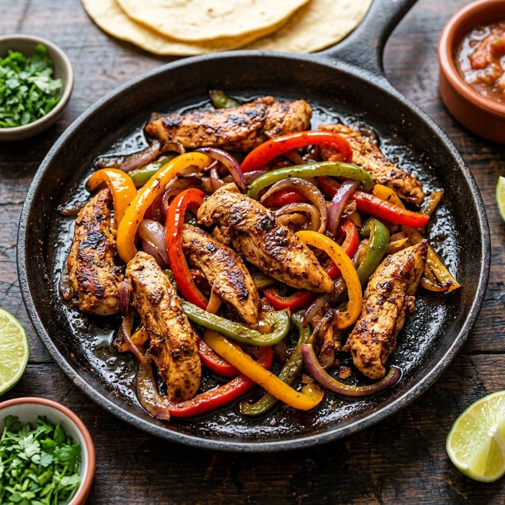 Delicious Chicken Fajitas with colorful peppers and onions on a plate
