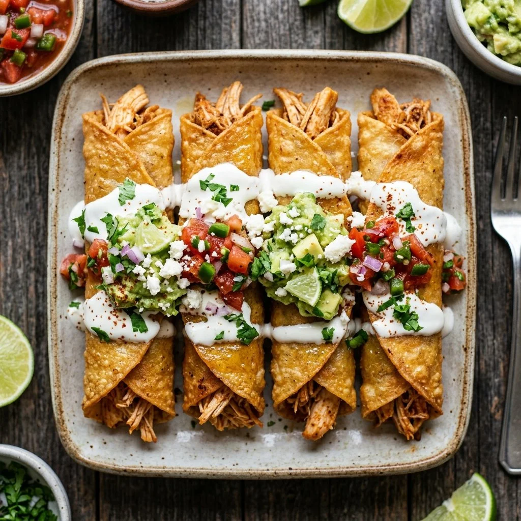 Plate of crispy Chicken Flautas garnished with salsa and avocado