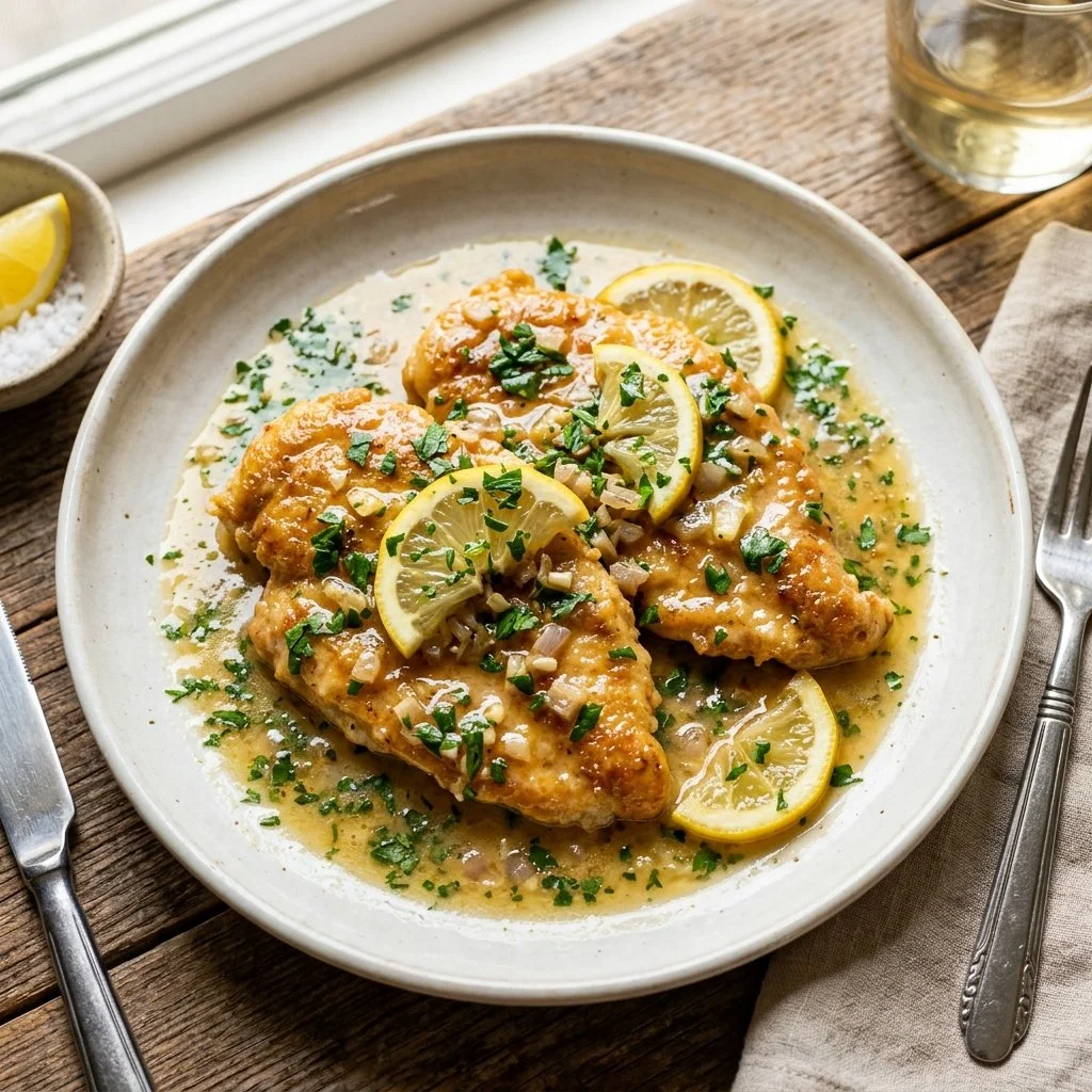 Plate of Chicken Francese garnished with parsley and lemon slices