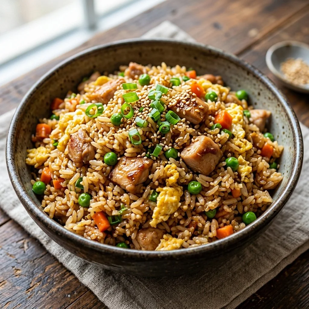 Plate of homemade chicken fried rice with vegetables and eggs