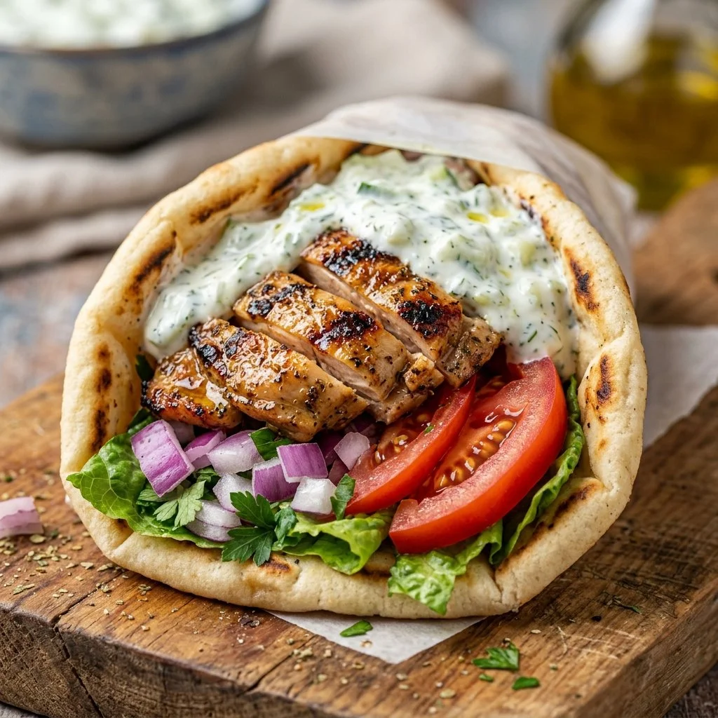 Delicious Chicken Gyros with marinated chicken, fresh vegetables, and pita bread.