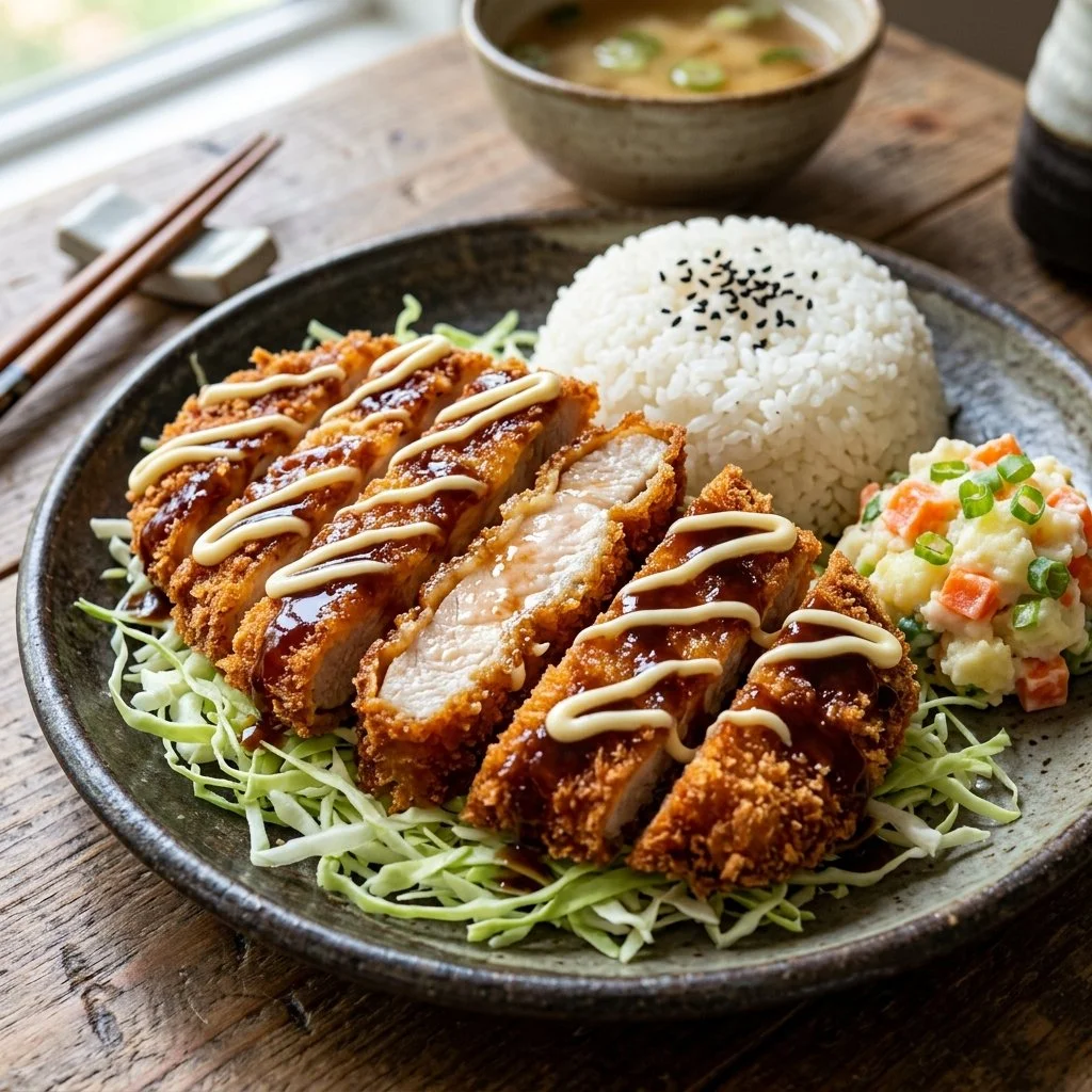 Delicious Chicken Katsu served with dipping sauce and salad