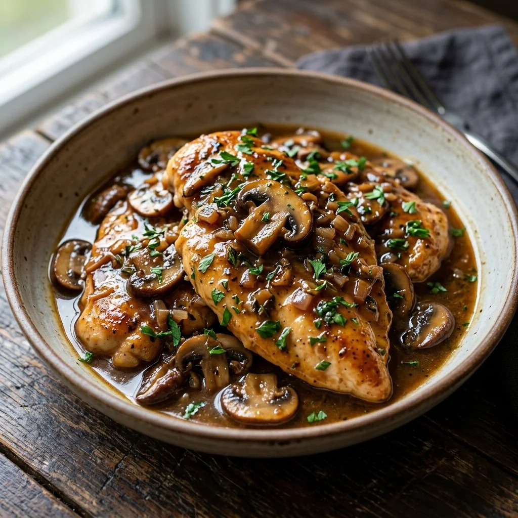 Delicious Chicken Marsala served with mushrooms and sauce