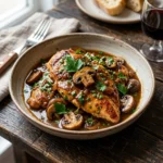Plate of Chicken Marsala served with mushrooms and herbs