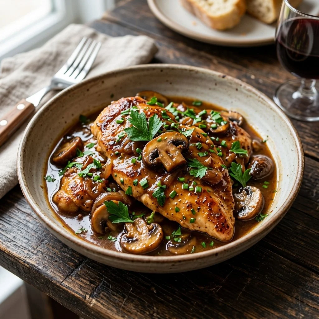 Plate of Chicken Marsala served with mushrooms and herbs
