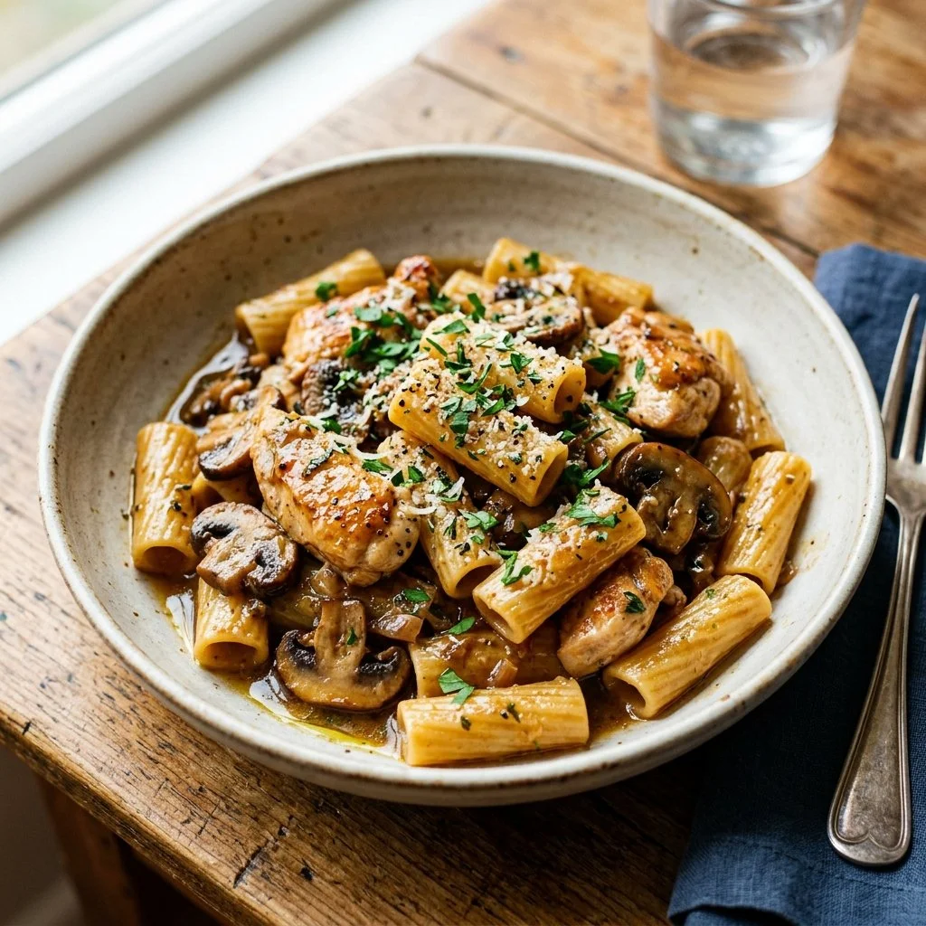 Delicious Chicken Marsala Pasta dish with mushrooms and herbs