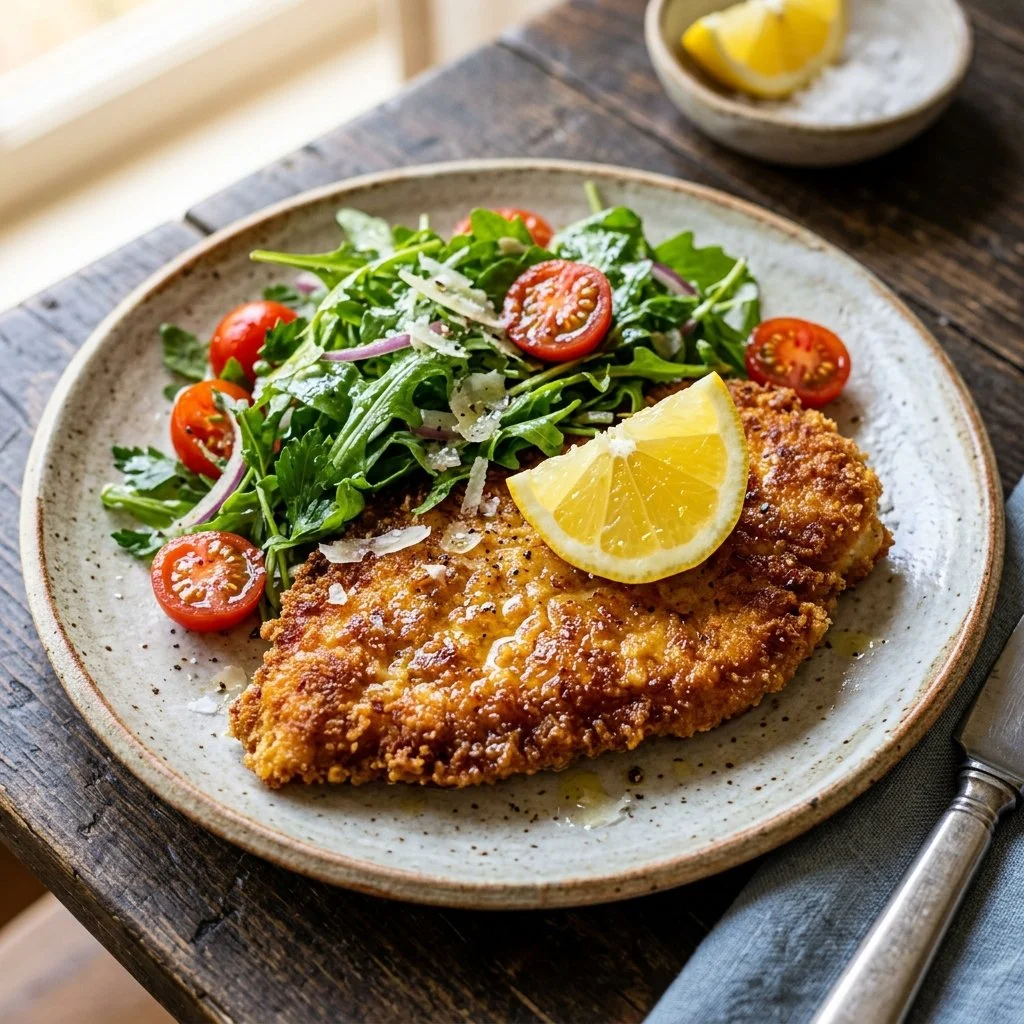 Delicious Chicken Milanese with crispy coating and fresh garnish
