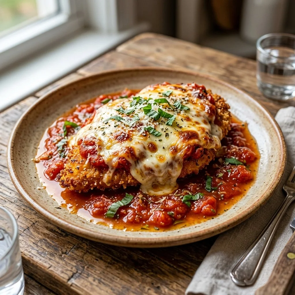 Talented chef preparing Chicken Parmesan with cheese and marinara sauce