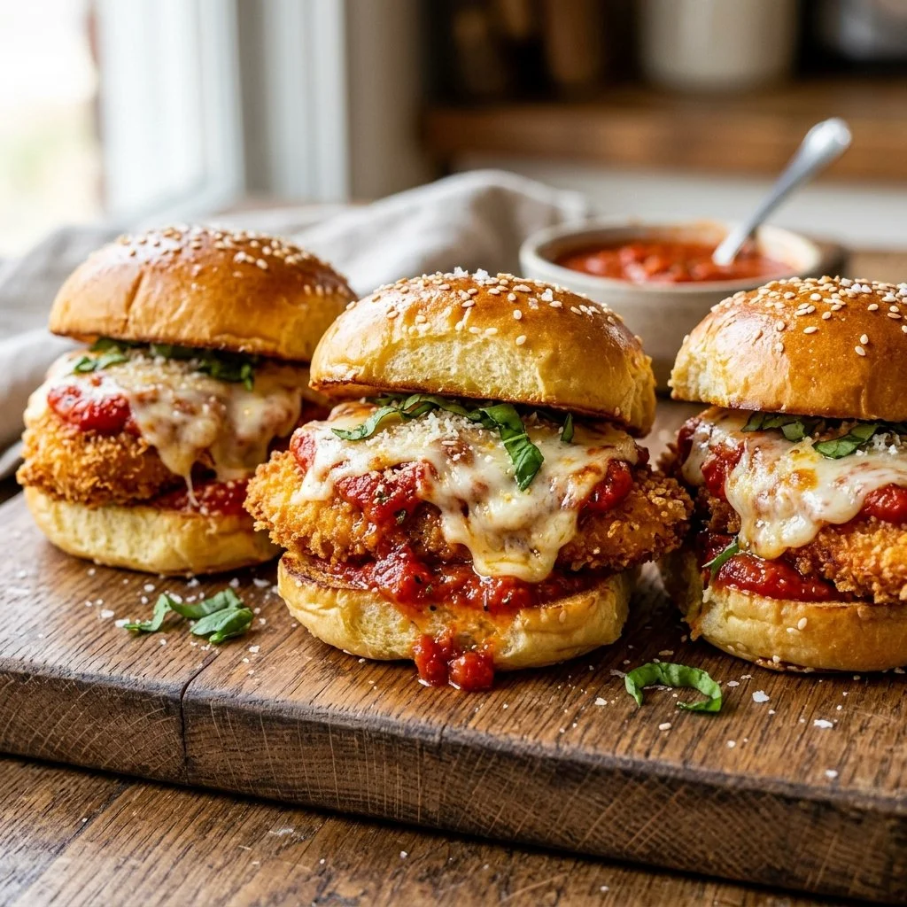 Delicious Chicken Parmesan Sliders served with marinara sauce and melted cheese