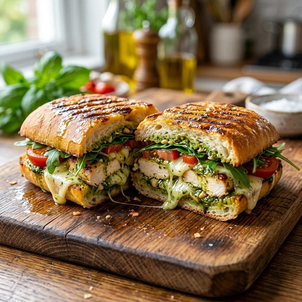 Delicious Chicken Pesto Panini with grilled chicken and fresh basil pesto