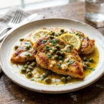 Plate of Chicken Piccata with lemon and capers on a white dish