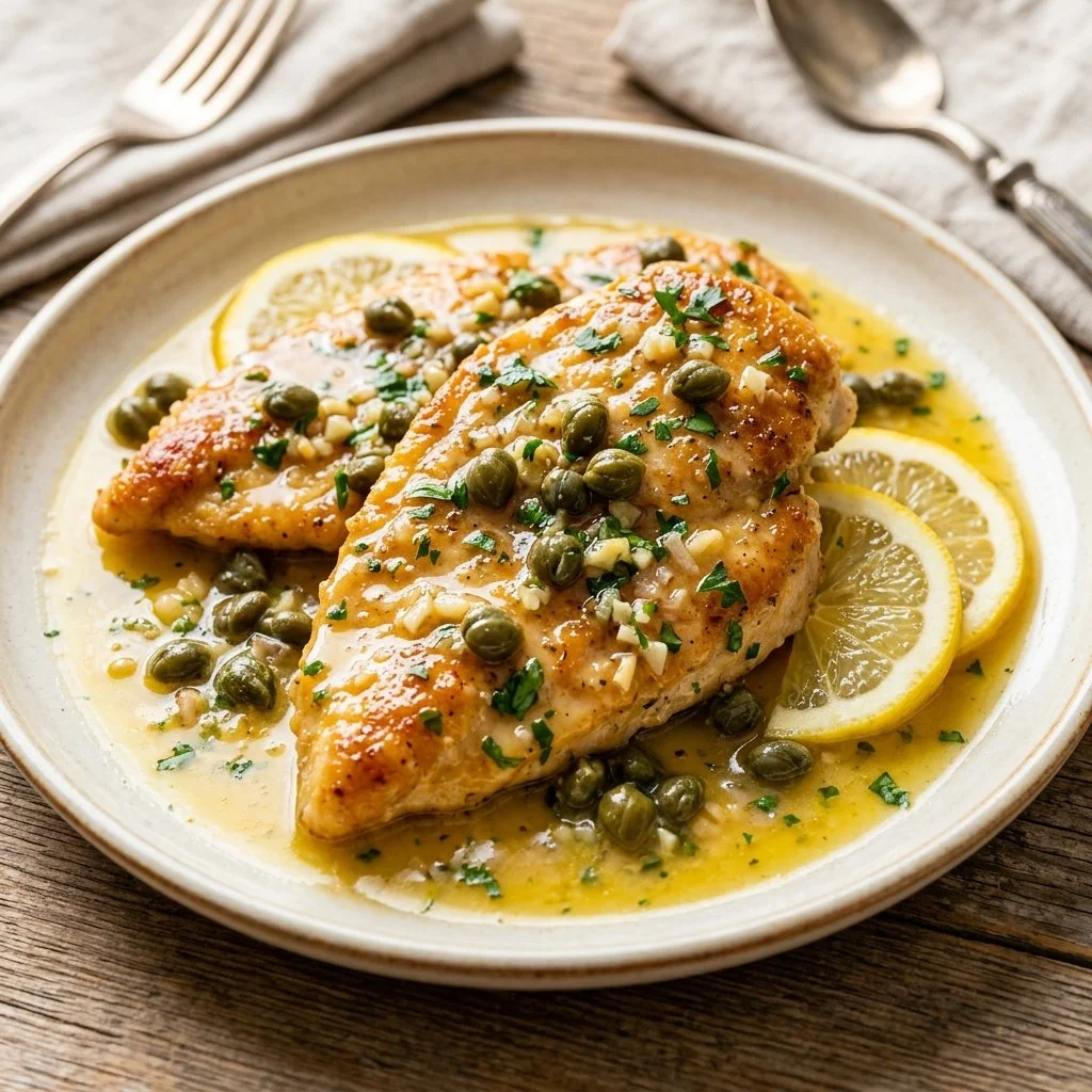 Plate of Chicken Piccata garnished with parsley and served with lemon slices