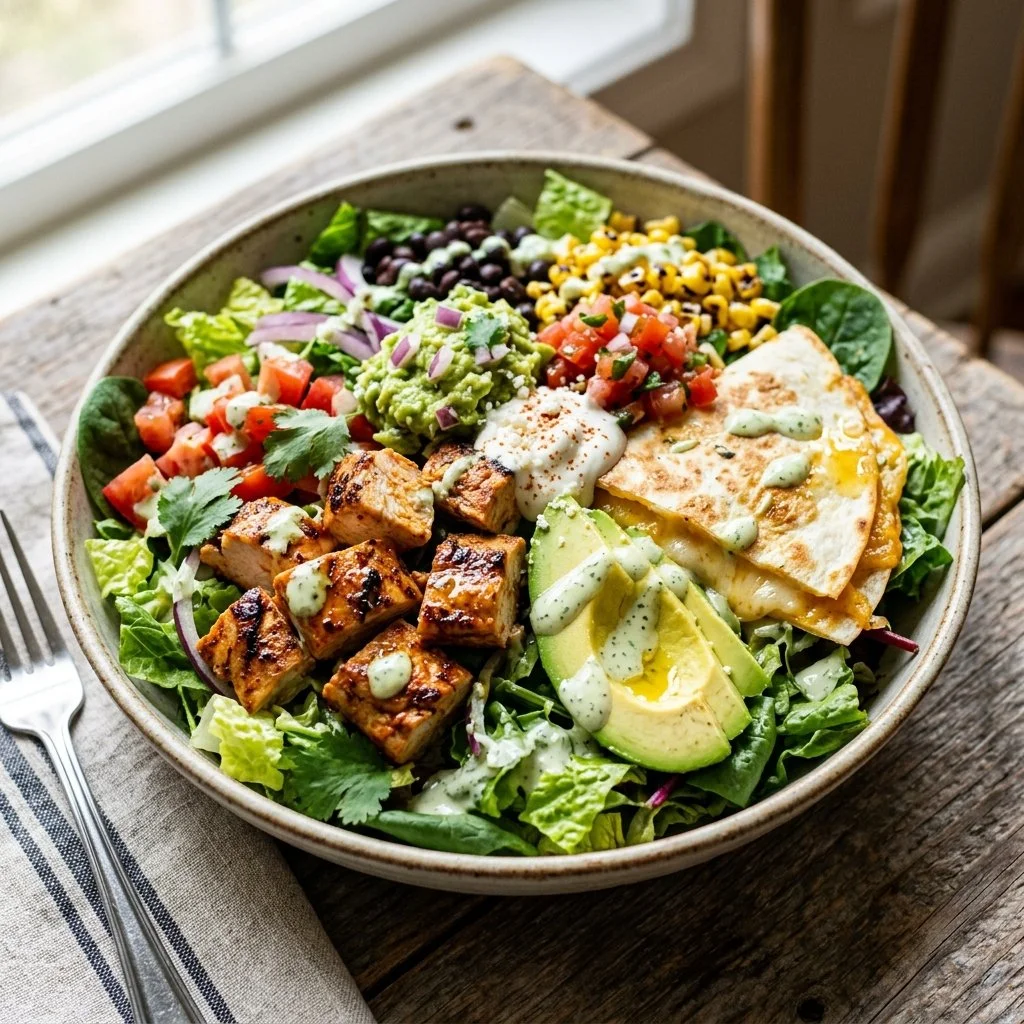 Delicious Chicken Quesadilla Salad with grilled chicken and fresh vegetables