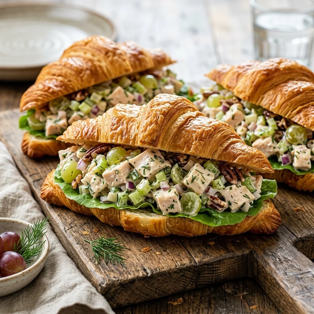 Chicken salad croissant filled with creamy chicken salad and herbs