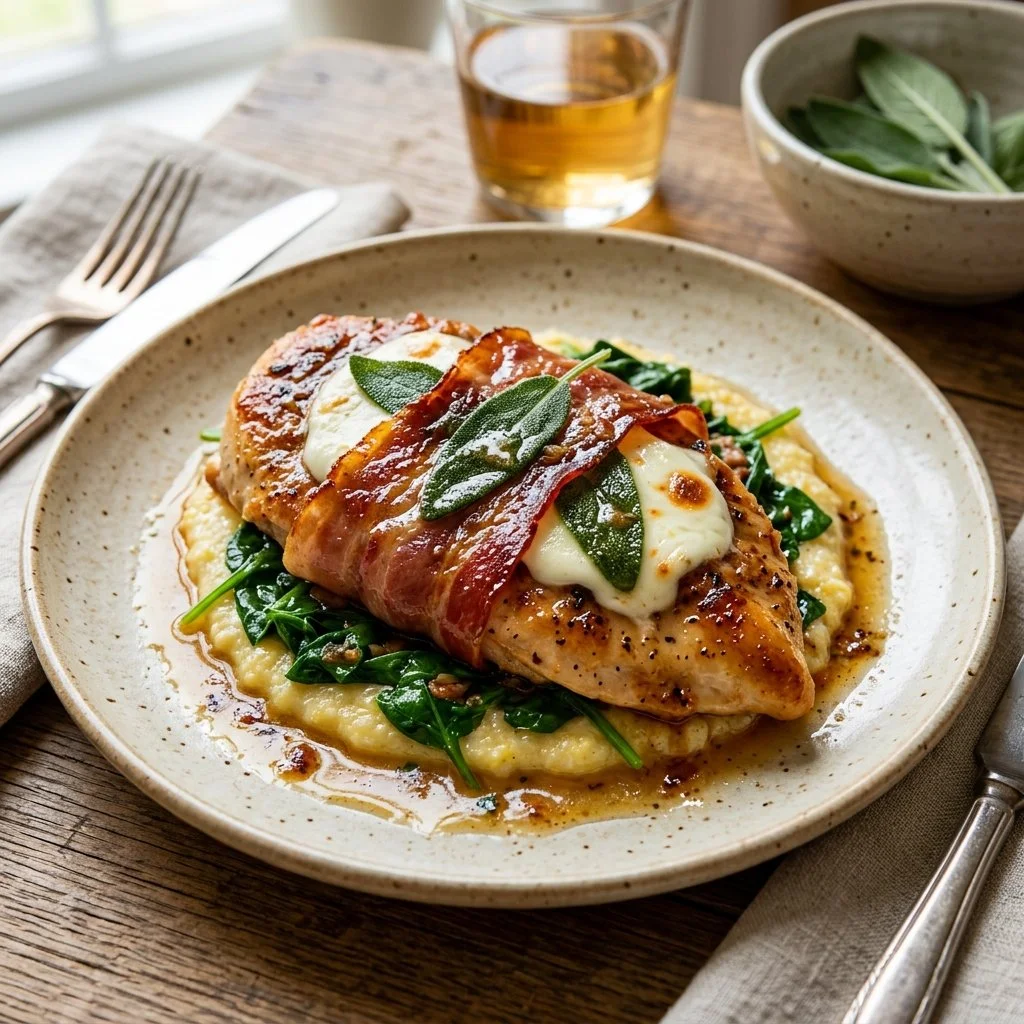Delicious Chicken Saltimbocca served on a plate with fresh herbs and prosciutto.