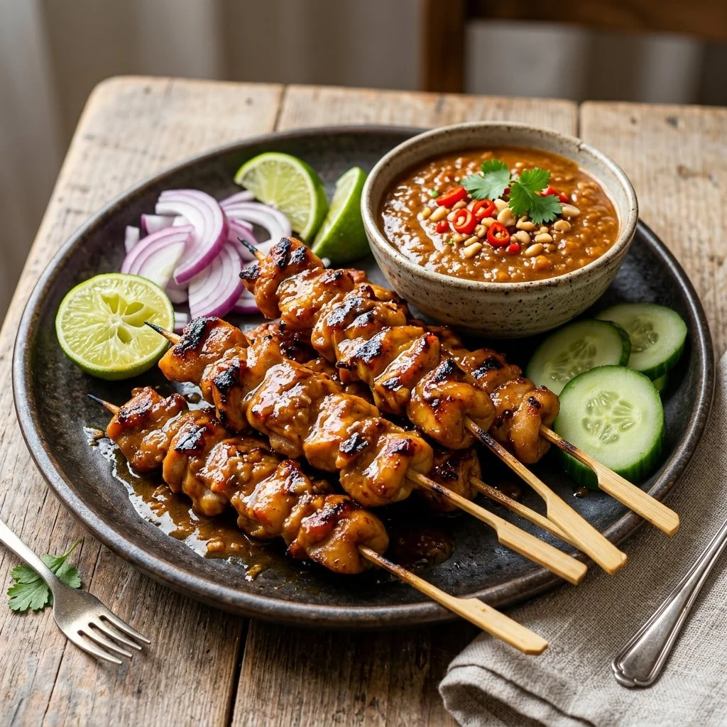 Delicious Chicken Satay skewers served with peanut sauce