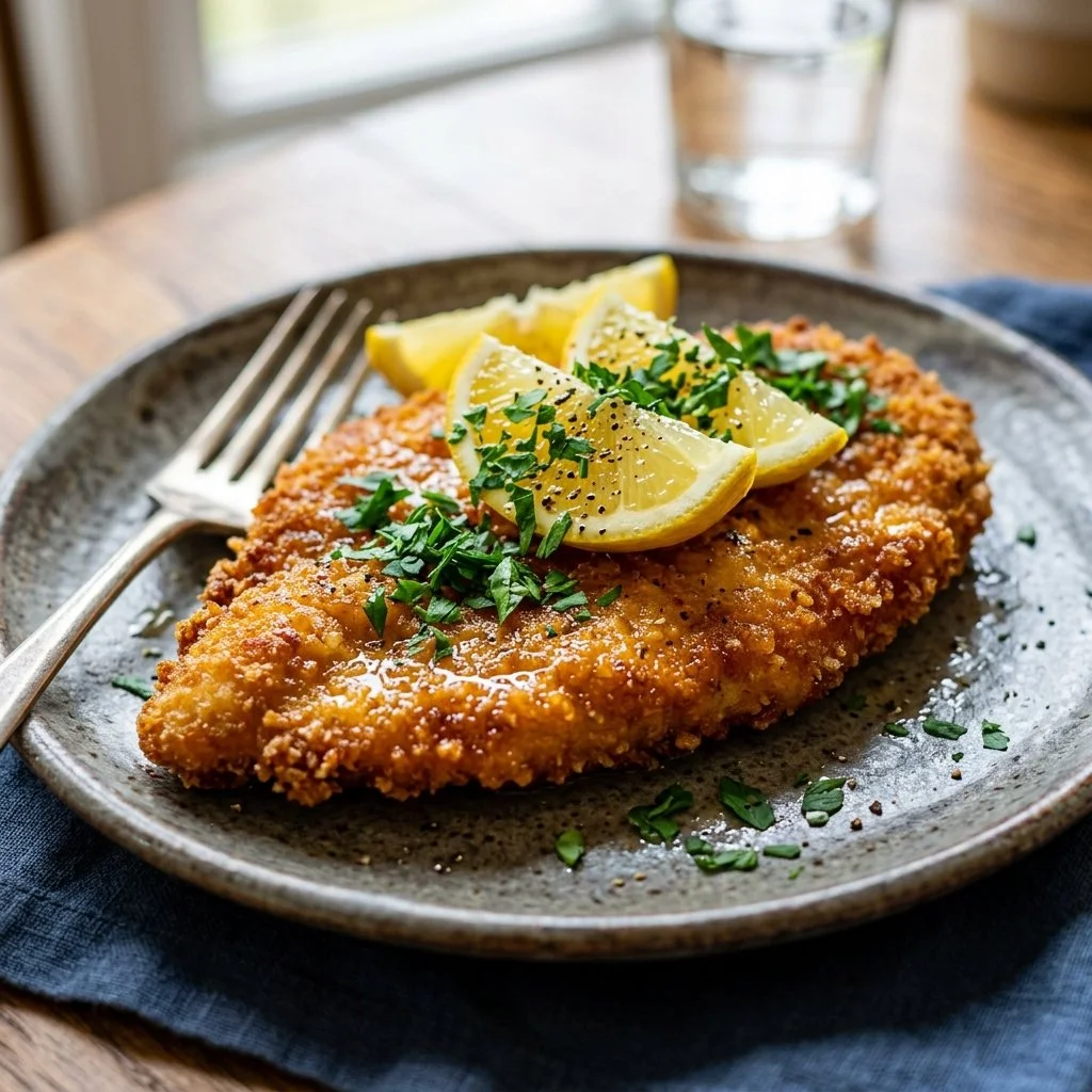 Plate of crispy Chicken Schnitzel served with lemon and parsley