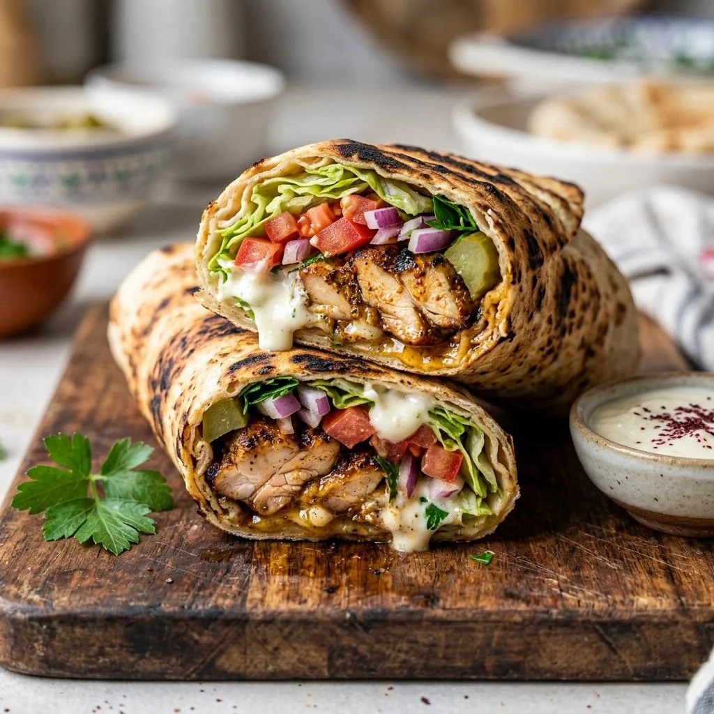 Delicious Chicken Shawarma wrapped in pita with fresh vegetables and sauce