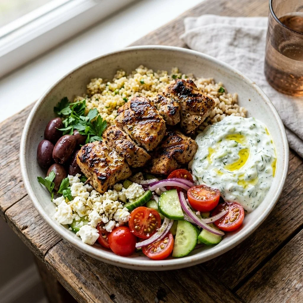 Chicken Souvlaki Bowls with grilled chicken, veggies, and sauce