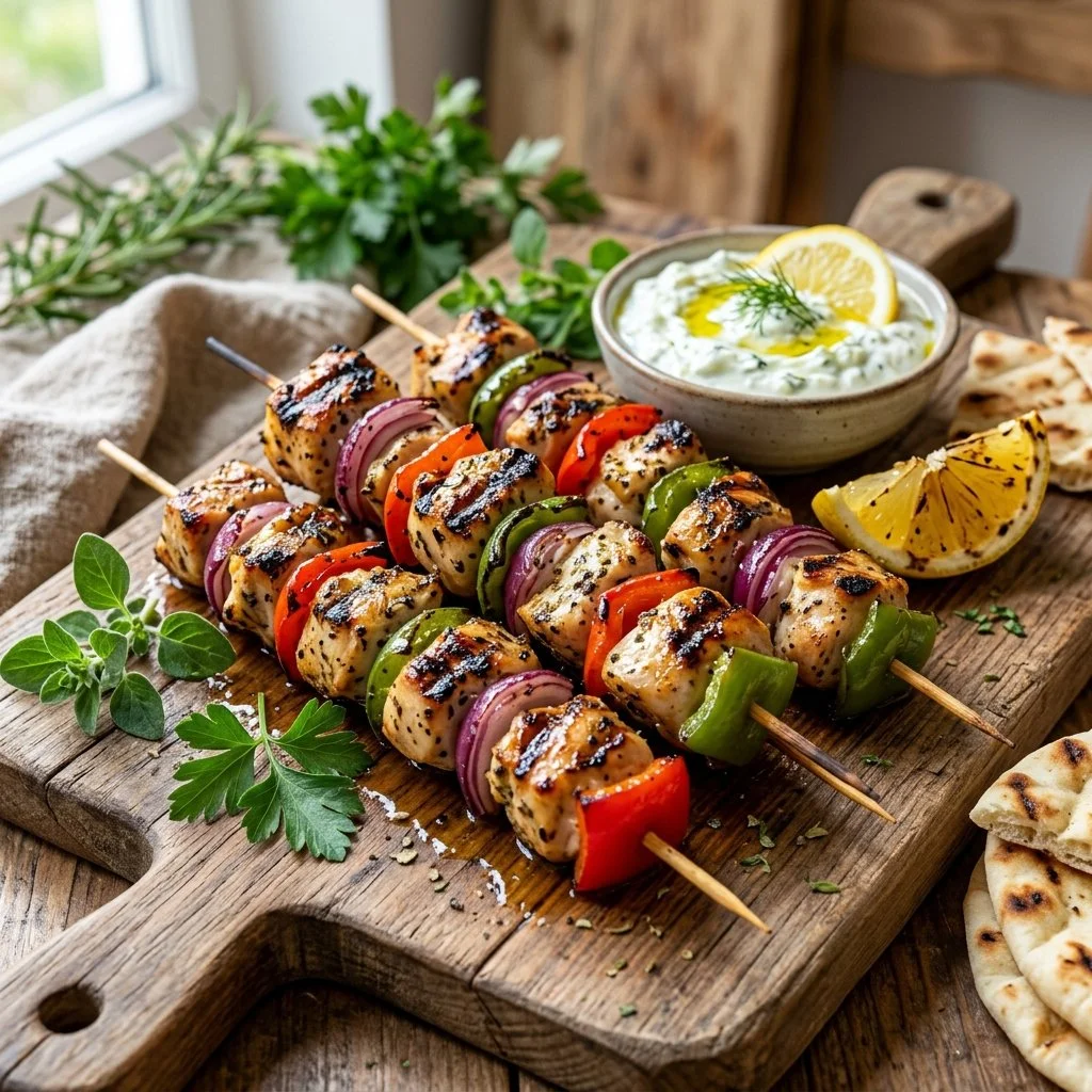 Grilled Chicken Souvlaki skewers served with tzatziki sauce and vegetables.