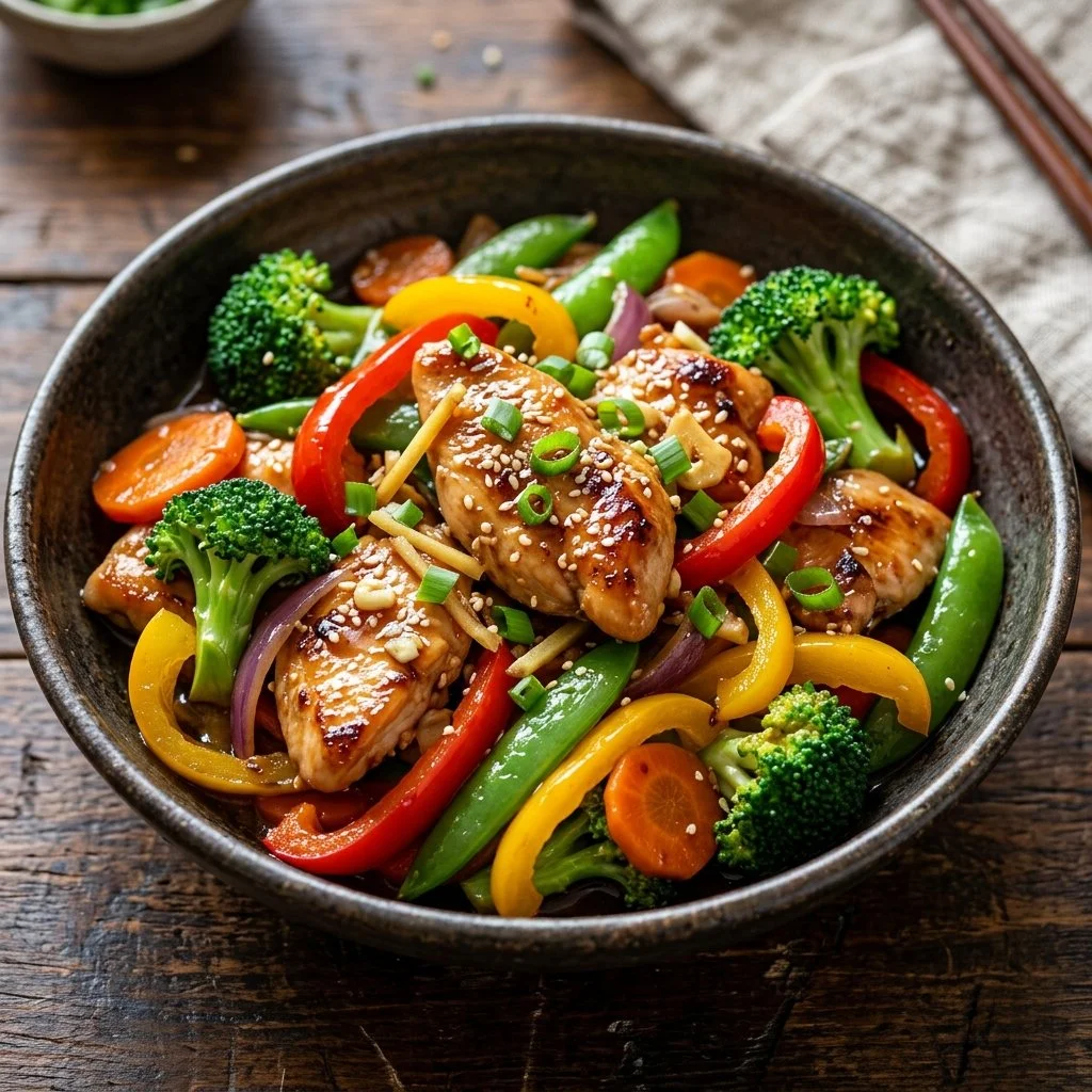 Delicious chicken stir fry with colorful vegetables and savory sauce