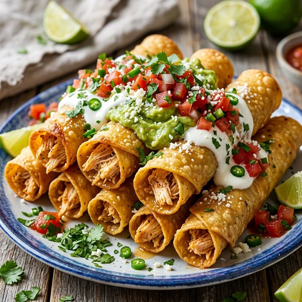 Crispy Chicken Taquitos served with salsa and avocado dip