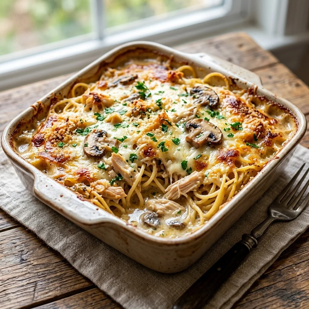 Delicious Chicken Tetrazzini pasta dish topped with cheese and herbs.