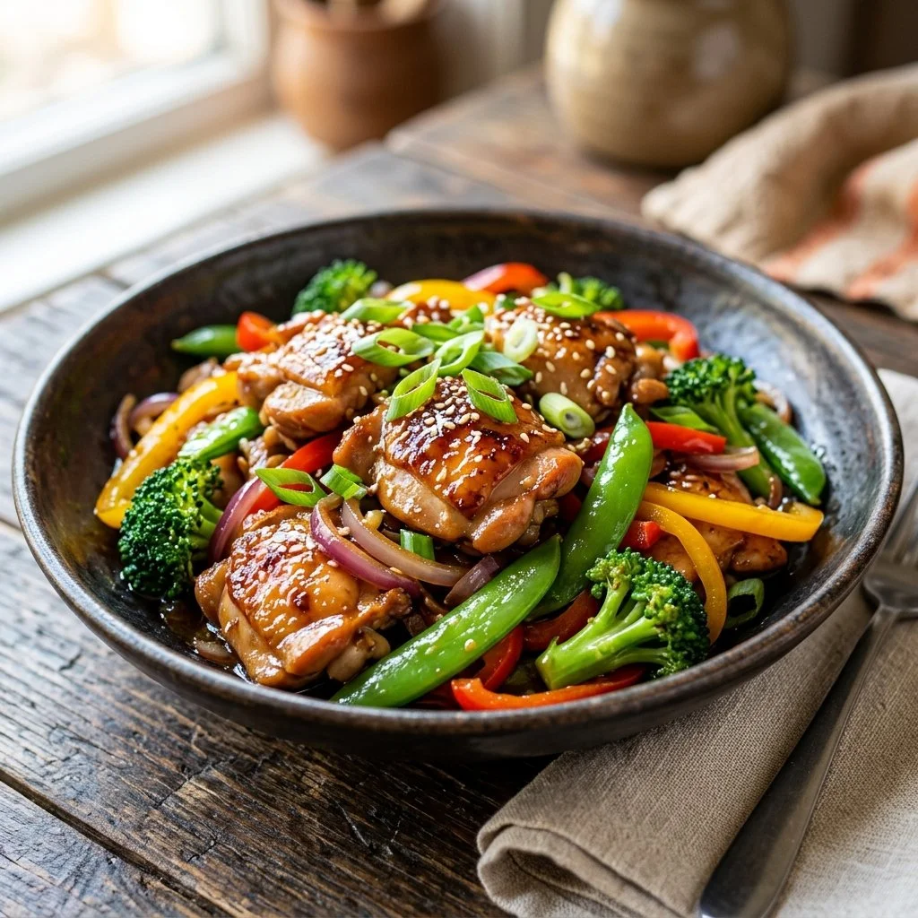 Delicious chicken thigh stir fry with colorful vegetables