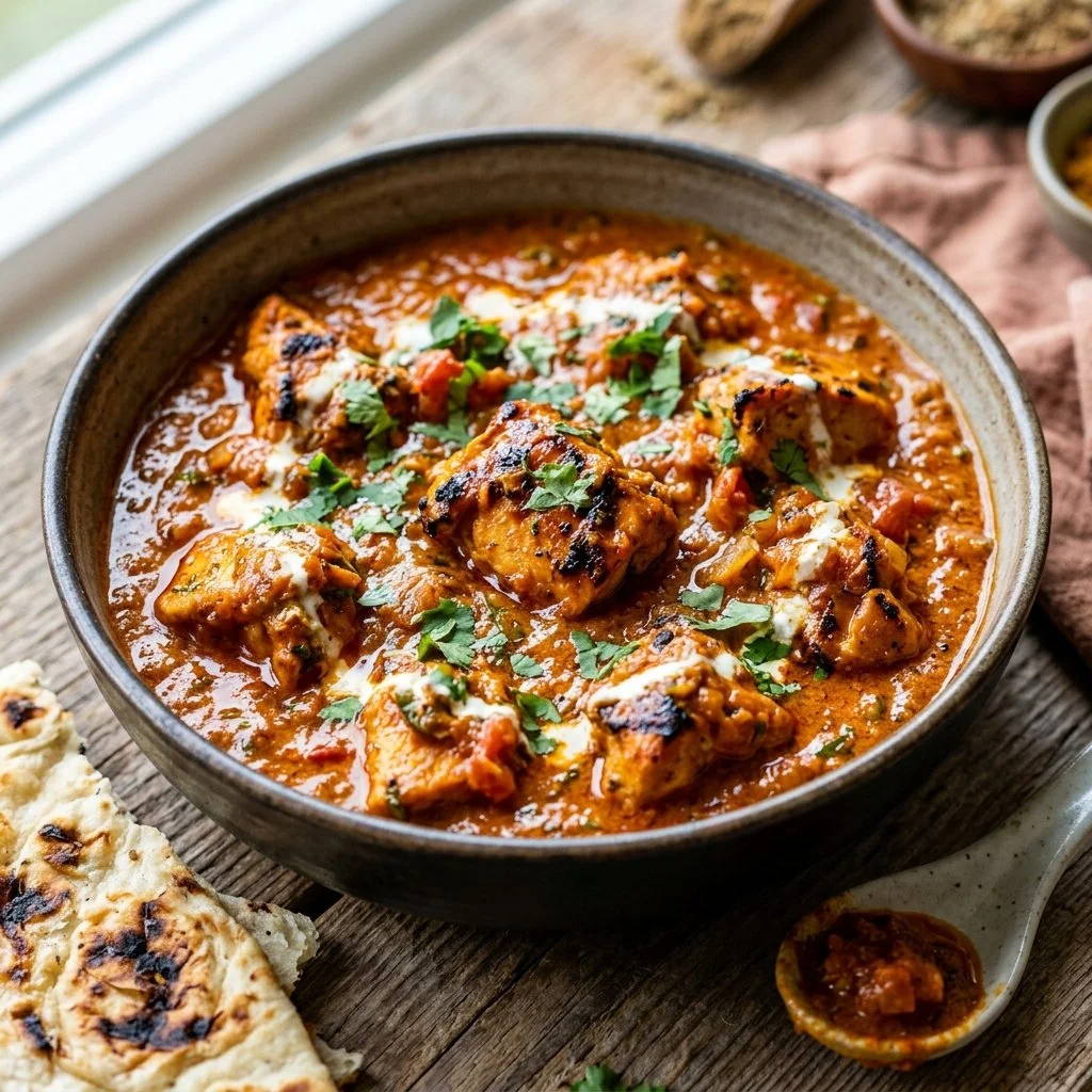 Delicious Chicken Tikka Masala served with naan and basmati rice.