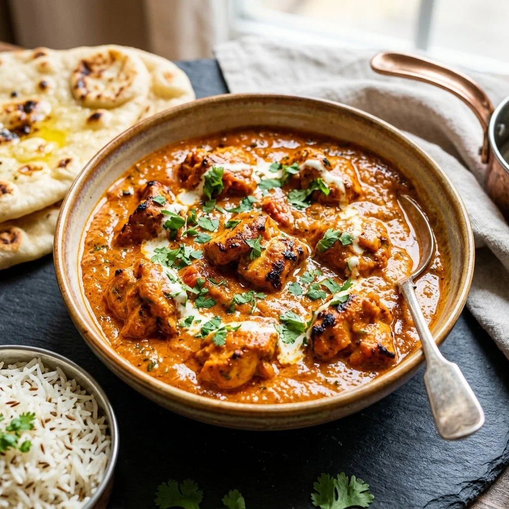 Plate of Chicken Tikka Masala garnished with cilantro and served with rice