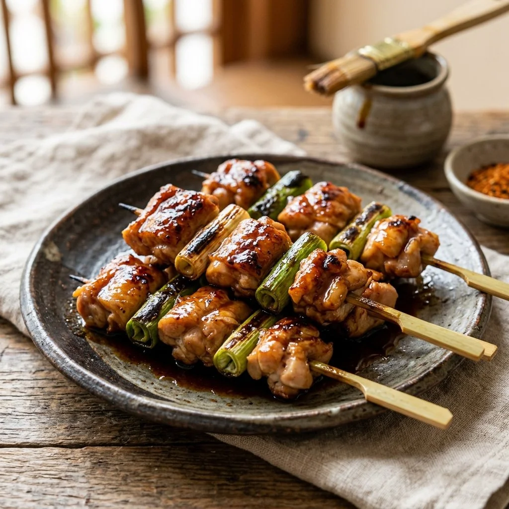 Grilled Chicken Yakitori skewers served with dipping sauce