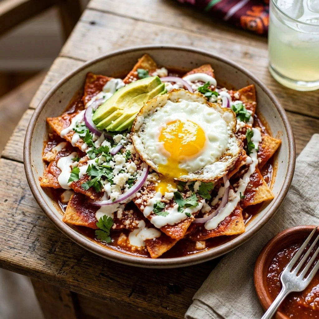 A plate of vibrant chilaquiles with green salsa, topped with avocado and cheese.