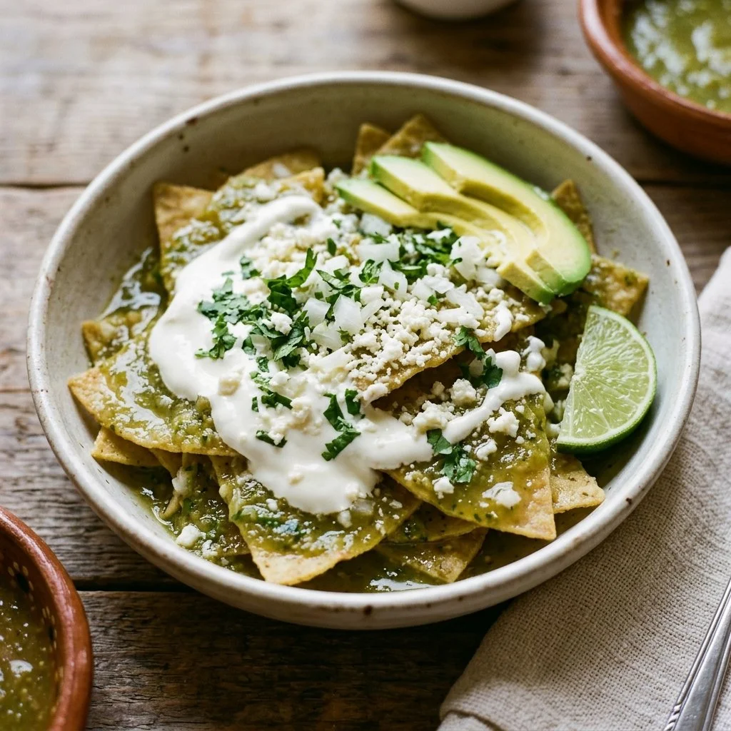 Delicious Chilaquiles Verdes topped with green salsa and fresh ingredients