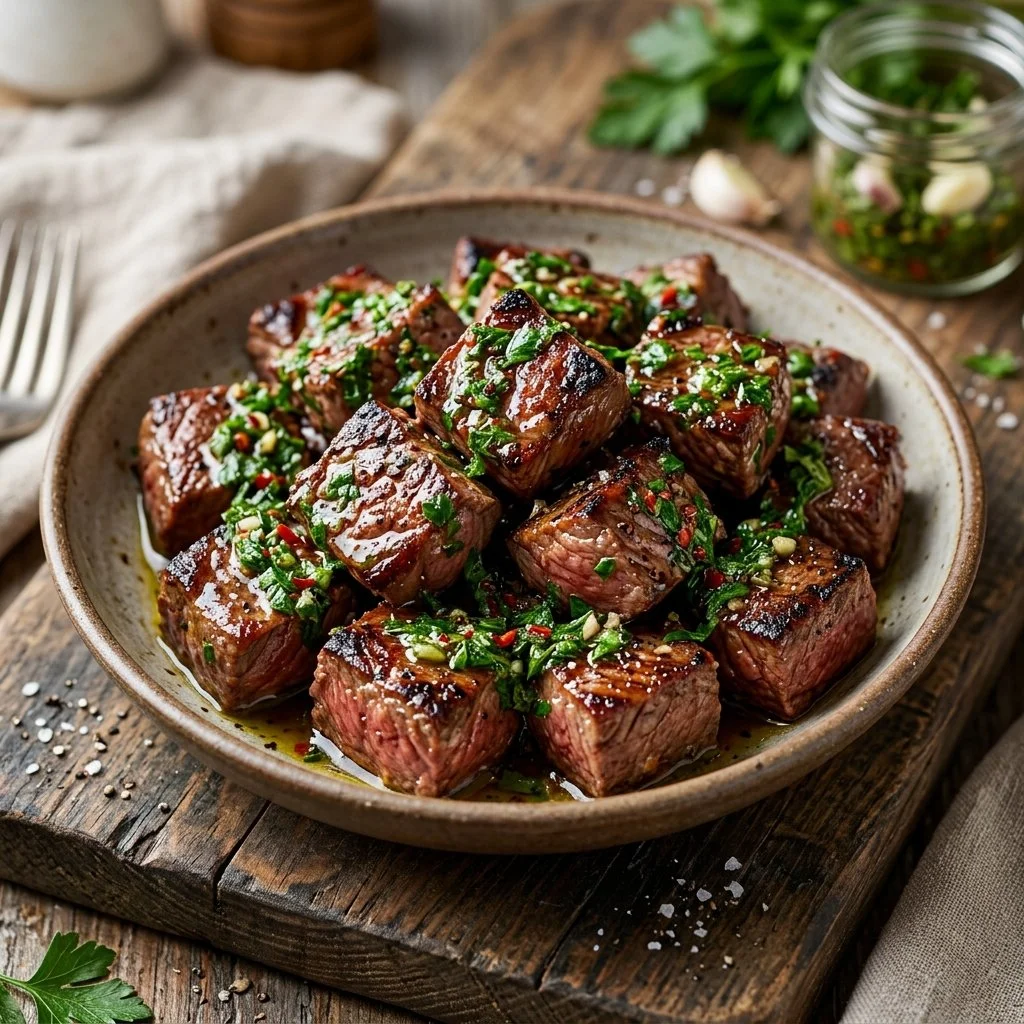 Delicious Chimichurri Steak Bites served on a platter