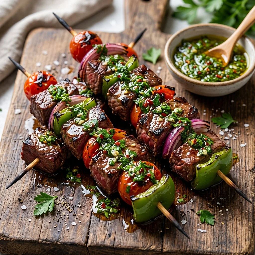 Grilled chimichurri steak skewers with fresh green herbs and spices