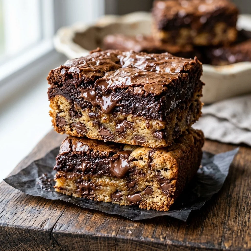 Delicious chocolate chip brookies, a mix of brownies and cookies, served on a plate.
