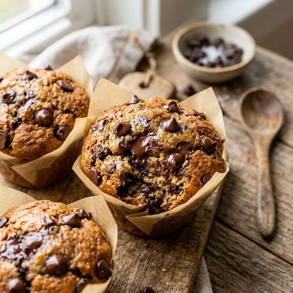 Freshly baked chocolate chip muffins with gooey chocolate chips on top.