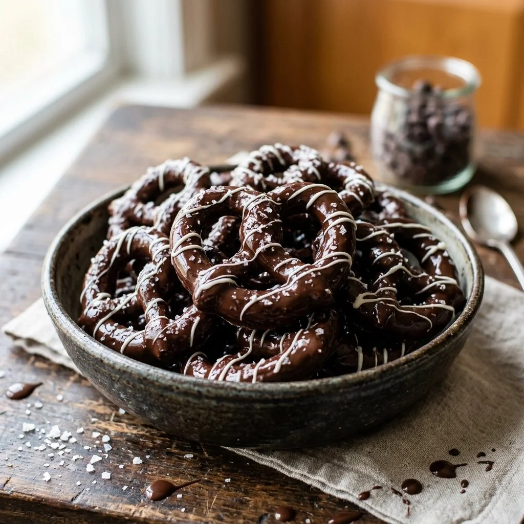 Delicious chocolate covered pretzels on a white plate