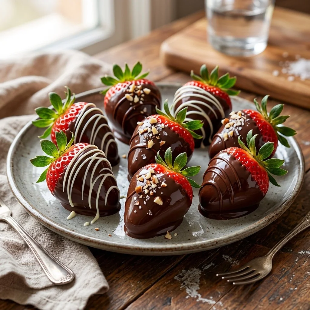 Delicious chocolate covered strawberries arranged on a platter