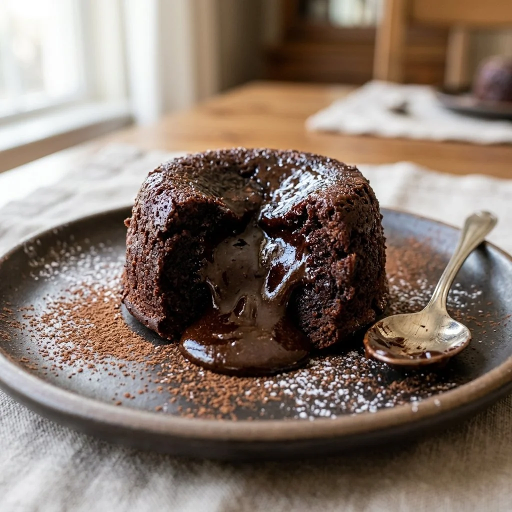 Decadent chocolate lava cake with gooey molten chocolate center