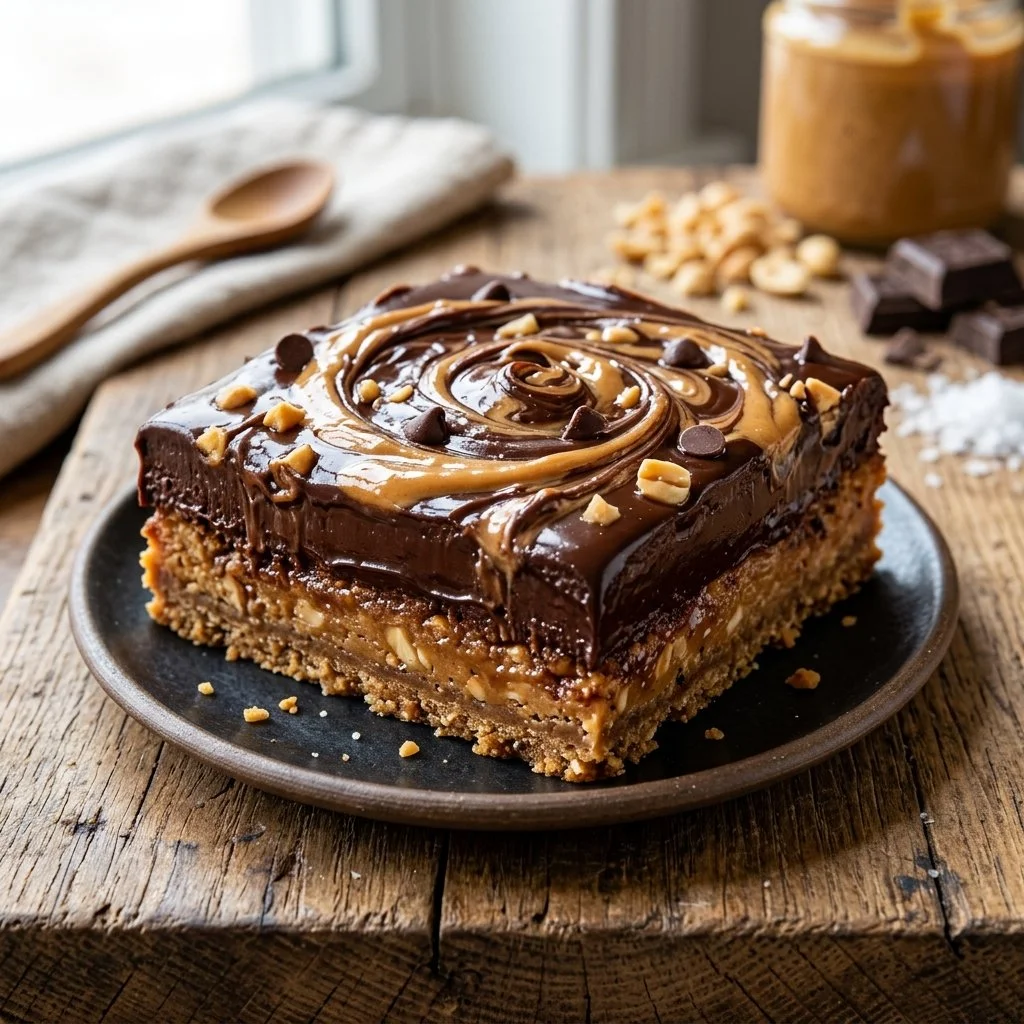 Delicious homemade Chocolate Peanut Butter Bars topped with chocolate drizzle.