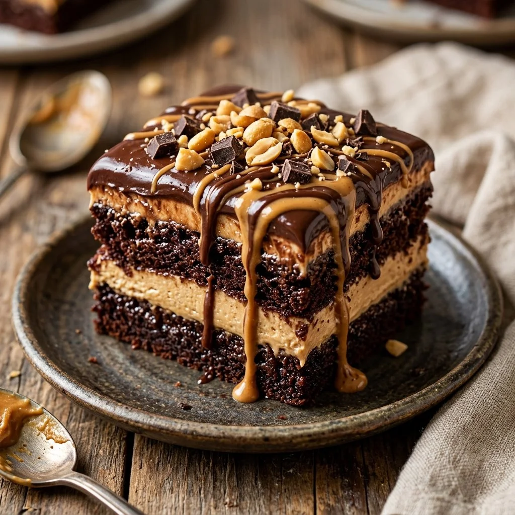 Delicious chocolate peanut butter lasagna dessert with creamy layers.