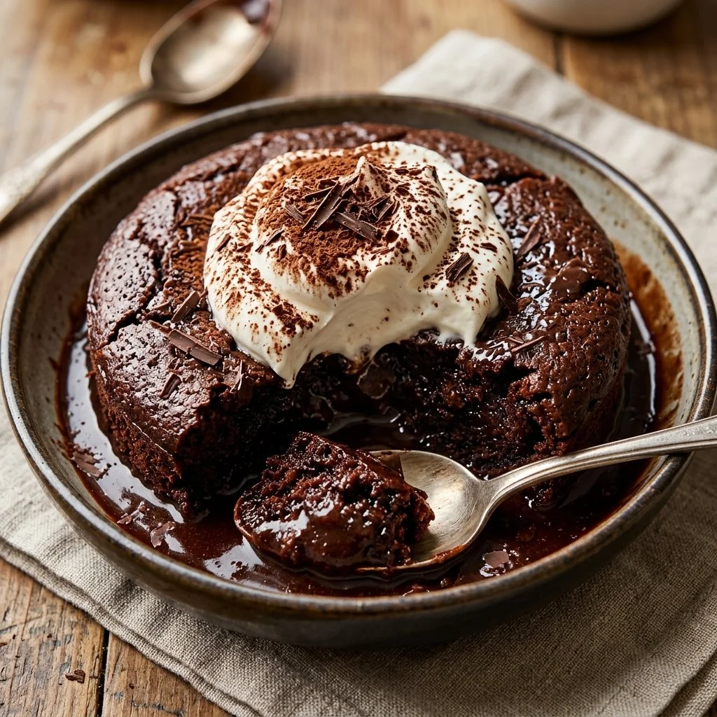 Delicious homemade Chocolate Pudding Cake topped with creamy chocolate frosting.