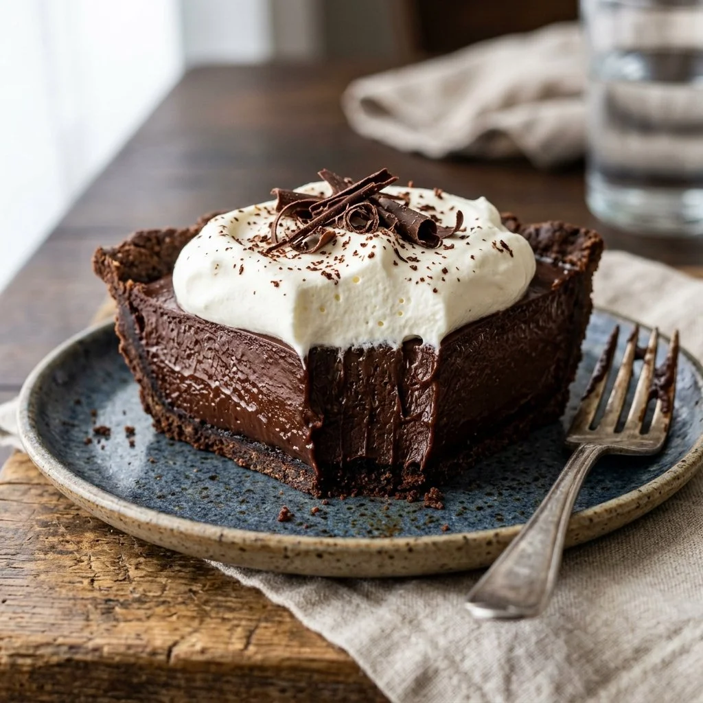 Decadent and creamy Chocolate Silk Pie ready to be served