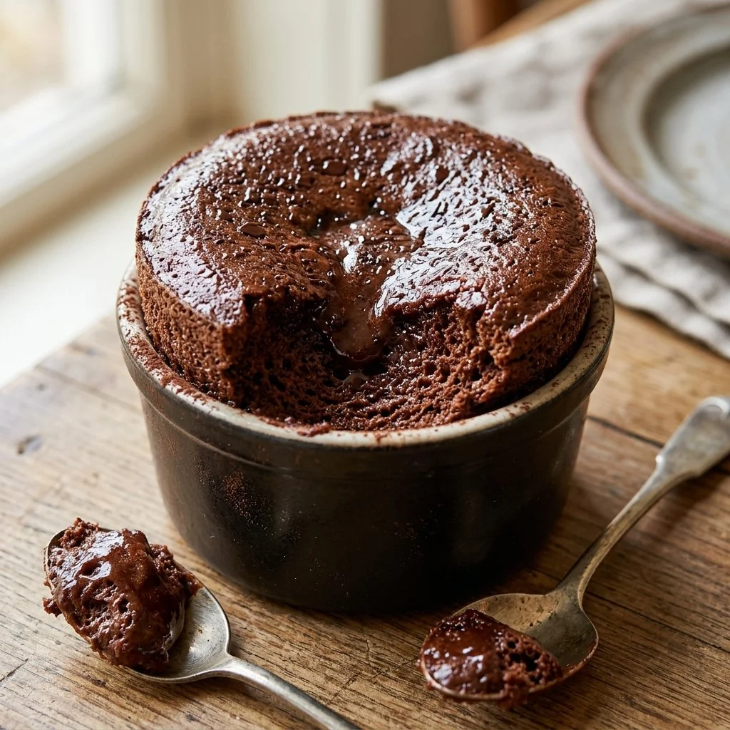 Decadent chocolate soufflé topped with powdered sugar ready to serve