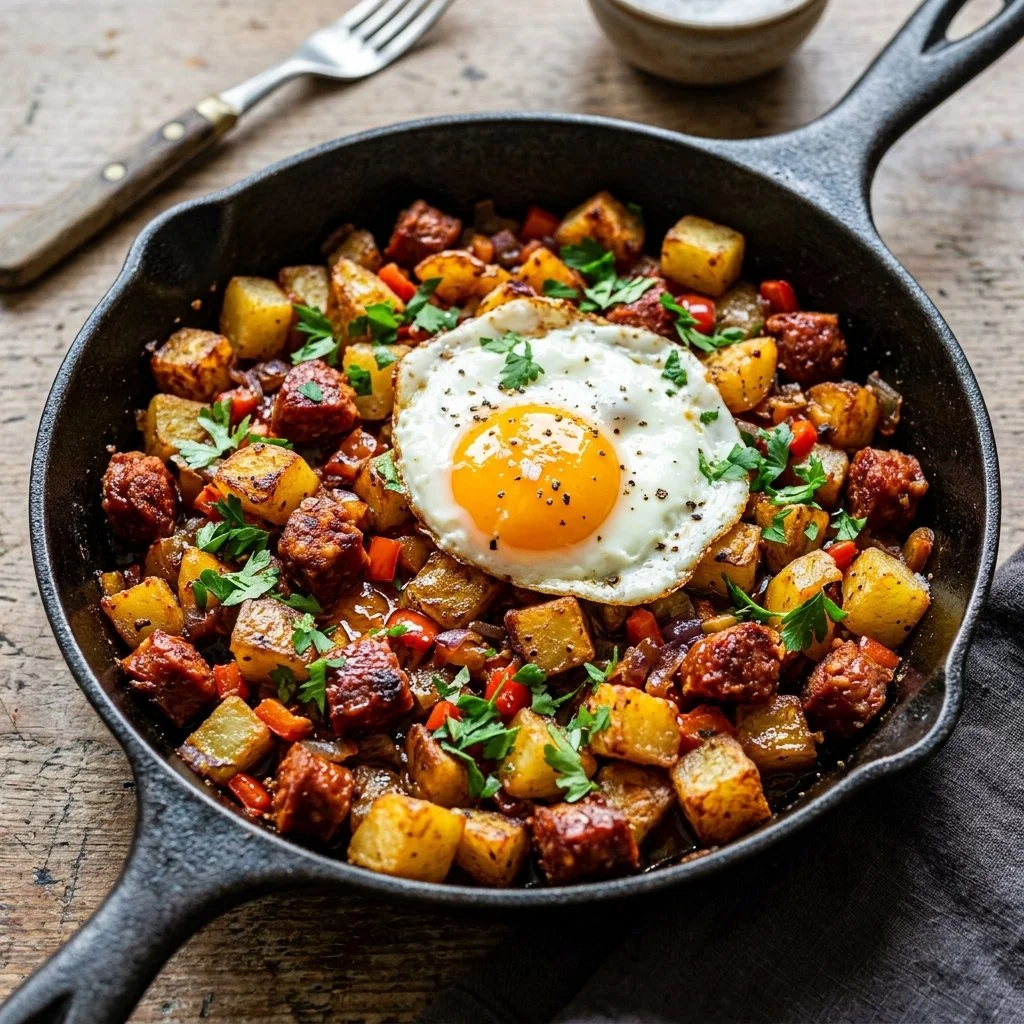 Delicious Chorizo Potato Hash served in a skillet with fresh herbs