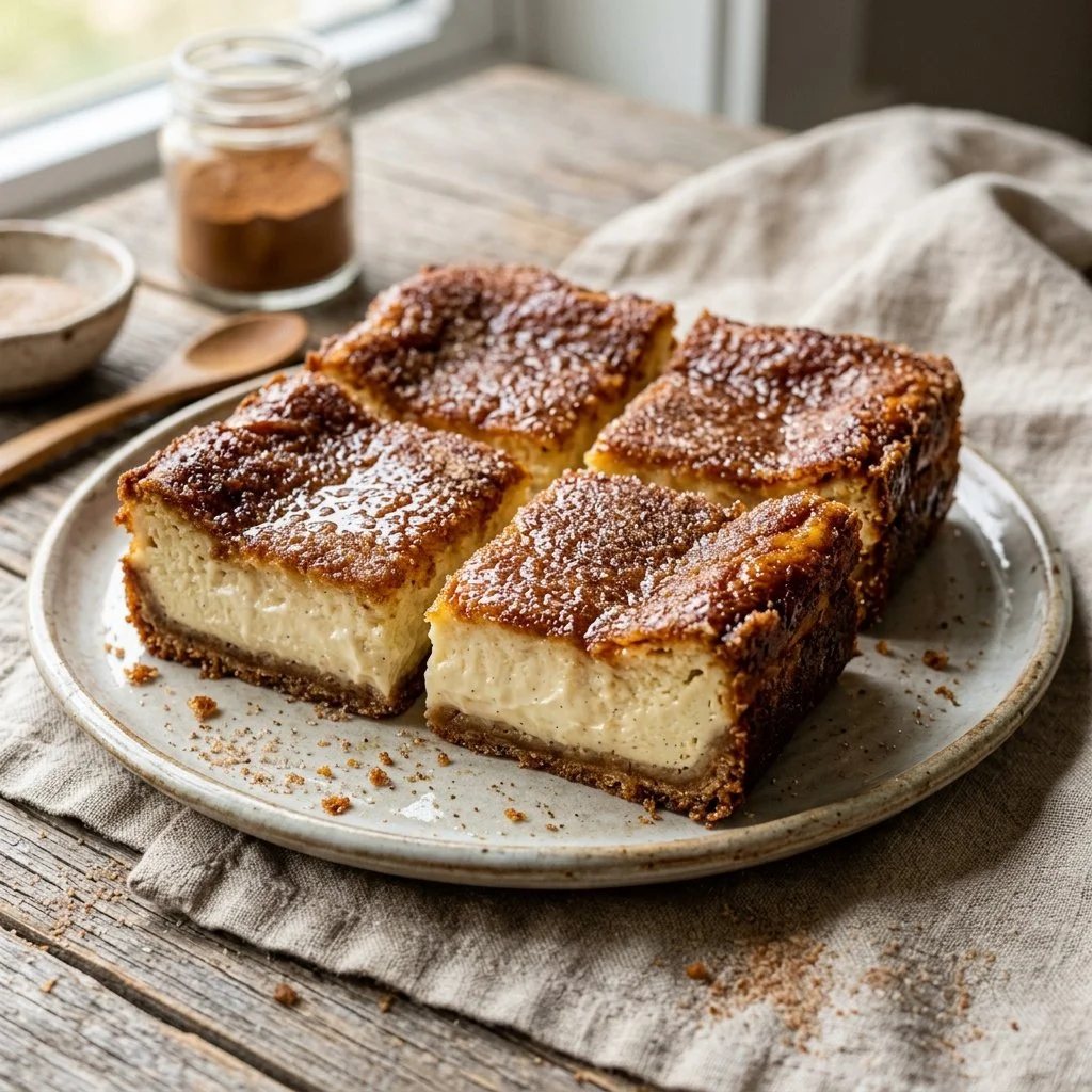 Delicious Churro Cheesecake Bars topped with cinnamon sugar.