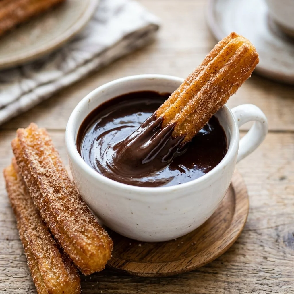 Delicious churros served with rich chocolate dip